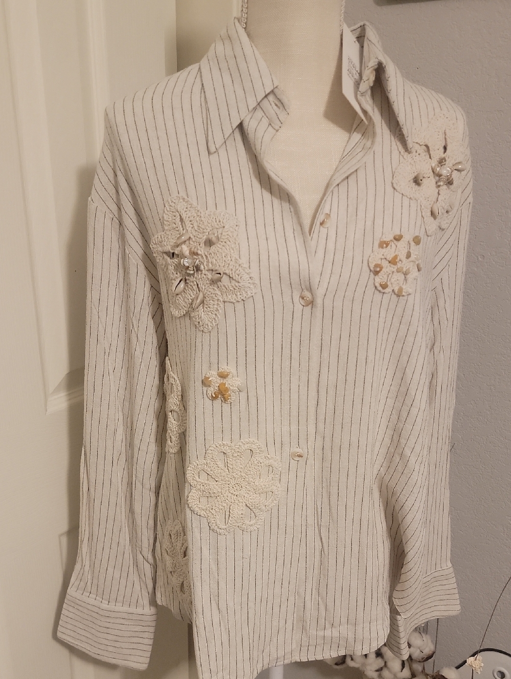 Cream Pinstripe Button-Up Shirt with Crochet Seashell And Bead Appliqués NWT